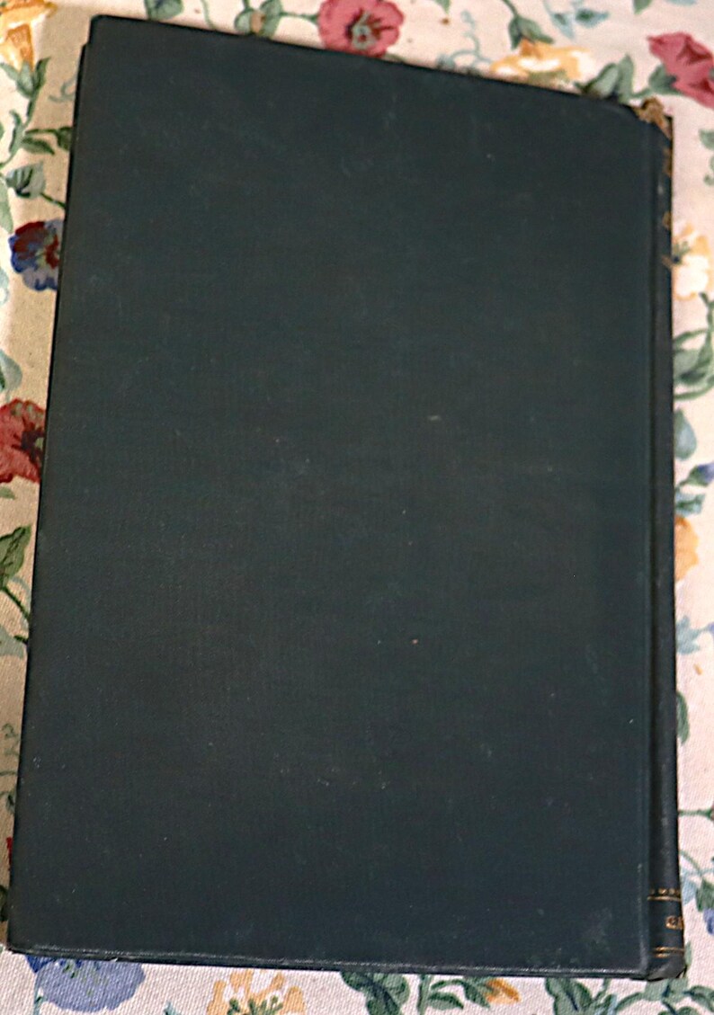 May include: A dark green book with a textured cover. The spine is visible on the right side, with gold accents. The book is resting on a floral patterned surface.