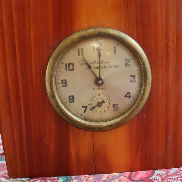 Vintage Gilbert windup clock advertising Sundial Shoes  on Ceder wood block