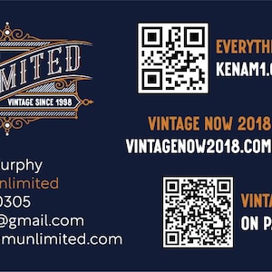 May include: Business card with a vintage logo for Ken Am Unlimited, a vintage shop. The card includes contact information, website addresses, and QR codes for online shopping.