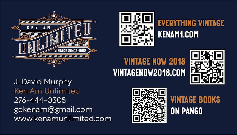 May include: Business card with a vintage logo for Ken Am Unlimited, a vintage shop. The card includes contact information, website addresses, and QR codes for online shopping.