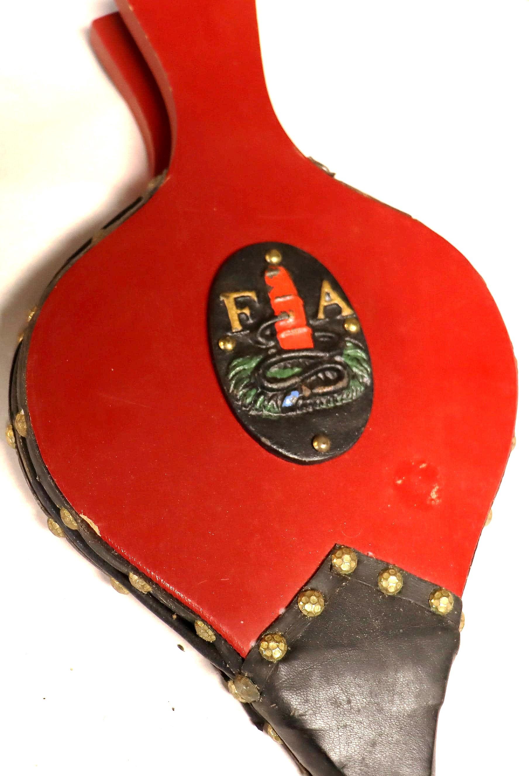 Vintage wood fire bellows red paint with snake logo and F A