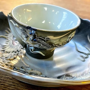 Vintage Japanese Dragonware hand painted small cup and leaf saucer