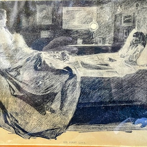 Vintage drawing from the late 1800&#39;s Gibson art 1897 His First Love Life publishing.