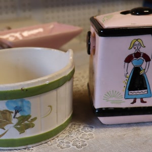 Vintage group of household containers F.T.D.A. 1980 and Farmer and wife