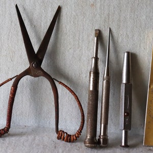 Group of 5 vintage tools Scissors, chalk marker, hole punch, Screwdriver and punch