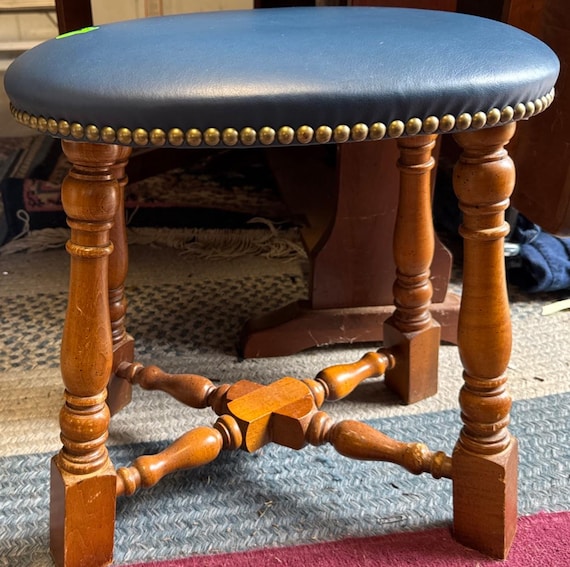 Vintage Blue Vinyl Ottoman: Nailhead Wood Stool, 17x17x13