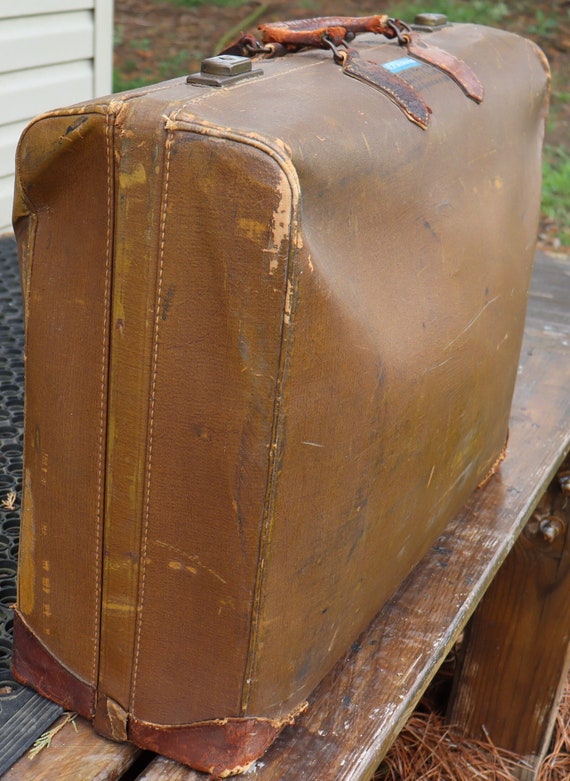 Very vintage leather and hard canvas suitcase - image 1