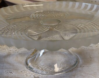 Vintage Frosted Glass Cake Stand: Scalloped Edge, 12-inch