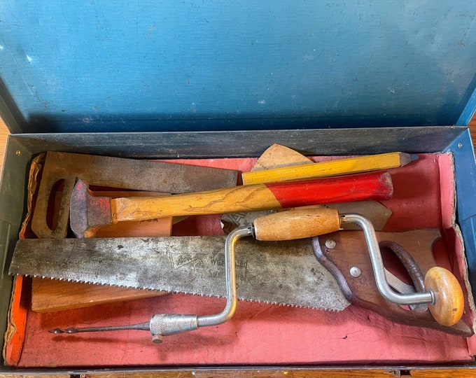 Vintage Handy Andy type kids metal toolbox and tools