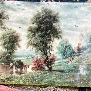 Vintage print of  ox on a beautiful spring day on card board