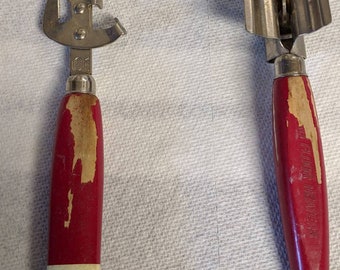 Vintage red handle can opener and knive sharpener