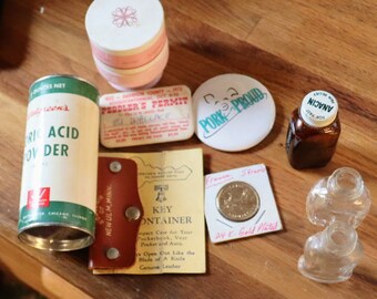 Vintage junk drawer lot 9 total pc. including, bottles key ring  coin, advertising