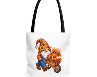 Autumn Gnome with Sunflowers Tote Bag | Fall Pumpkin Wheelbarrow