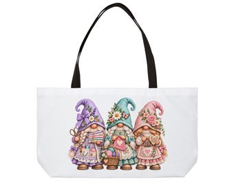 Crafting Gnome Trio Weekender Tote Bag | Pastel Spring Mushroom Hearts