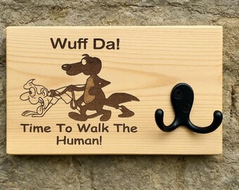 Custom Dog Leash Holder – Laser Engraved Hemlock Wood, Stainless Steel Hook