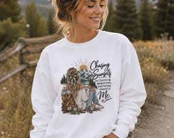Chasing Sunsets mountain girl illustration Long Sleeve Tee | Whimsical