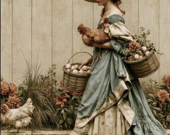 Farmhouse Lady with Chickens – Rustic Country Wall Art