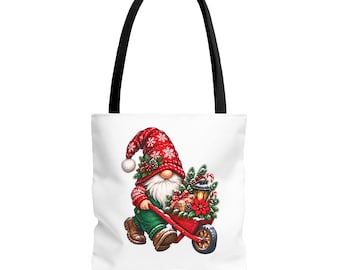 Christmas Gnome with Wheelbarrow Tote Bag | Holiday Santa Nordic Illustration