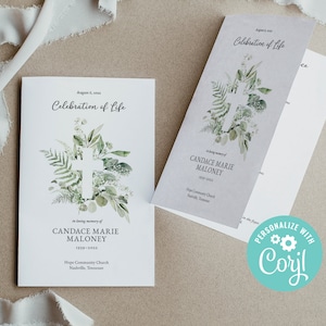 Programa de funeral religioso: Plantilla Corjl (Descarga digital, Plegable, Carta, A4) / Greenery Cross
