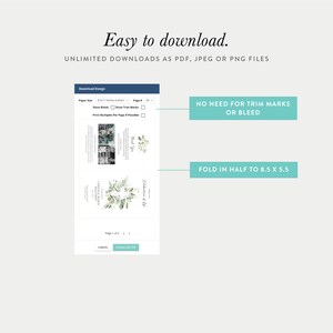 Pu&ograve; includere: Uno screenshot di uno schermo di computer che mostra un'opzione di download per un invito stampabile. L'invito &egrave; per una celebrazione della vita e presenta un design floreale verde. Il testo "Celebrazione della vita" &egrave; visibile sull'invito. Le opzioni di download includono i formati di file PDF, JPEG e PNG. Il testo "Non &egrave; necessario utilizzare segni di ritaglio o sanguinamento" e "Piegare a met&agrave; a 8,5 x 5,5" &egrave; anche visibile sullo schermo.