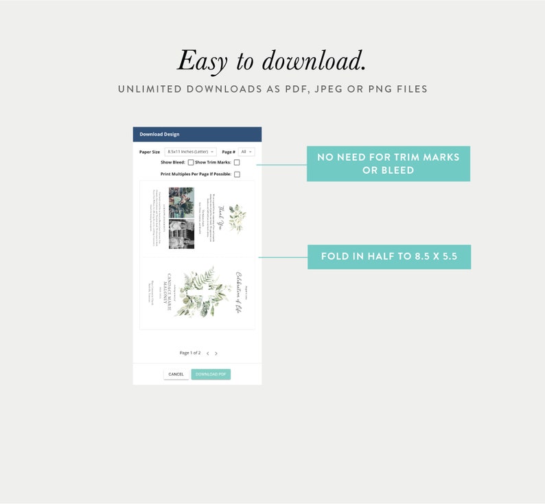 Pu&ograve; includere: Uno screenshot di uno schermo di computer che mostra un'opzione di download per un invito stampabile. L'invito &egrave; per una celebrazione della vita e presenta un design floreale verde. Il testo "Celebrazione della vita" &egrave; visibile sull'invito. Le opzioni di download includono i formati di file PDF, JPEG e PNG. Il testo "Non &egrave; necessario utilizzare segni di ritaglio o sanguinamento" e "Piegare a met&agrave; a 8,5 x 5,5" &egrave; anche visibile sullo schermo.
