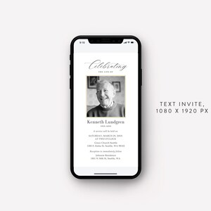 以下が含まれることがあります： スマートフォンには、追悼の招待状が表示されています。招待状には、男性の白黒写真があり、写真の上には「Celebrating the Life of」という文字があります。テキストには「Kenneth Lundgren」という名前とイベントの詳細が含まれています。