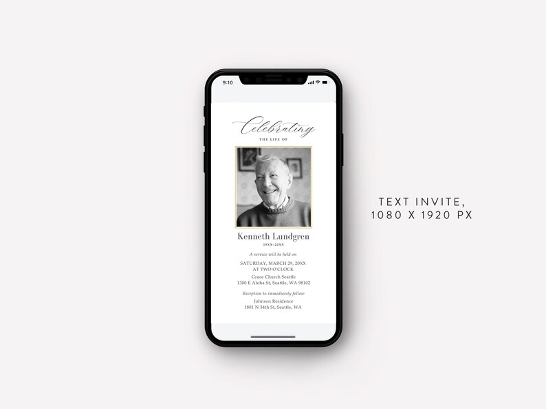 以下が含まれることがあります： スマートフォンには、追悼の招待状が表示されています。招待状には、男性の白黒写真があり、写真の上には「Celebrating the Life of」という文字があります。テキストには「Kenneth Lundgren」という名前とイベントの詳細が含まれています。