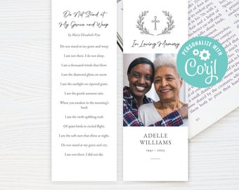 Editable Funeral Bookmark Printable Memorial Bookmark 2.5 x 7 | Laurel Cross