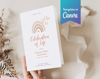 Infant or Child Celebration of Life Program: Canva Template (Digital Download, Bi-Fold, Letter, A4) | Boho Rainbow