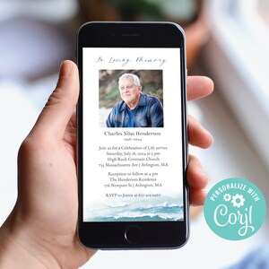 May include: A digital memorial invitation with a photo of a man in a blue shirt. The invitation includes the text "In Loving Memory", "Charles Silas Henderson", "1956-2024", and details for a celebration of life service and reception.