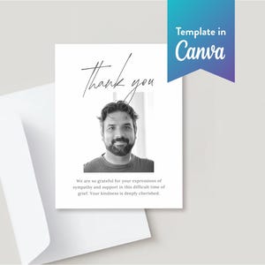 May include: A black and white thank you card with a photo of a man. The card includes the words "Thank you" in script and a message of gratitude. A white envelope is partially visible.