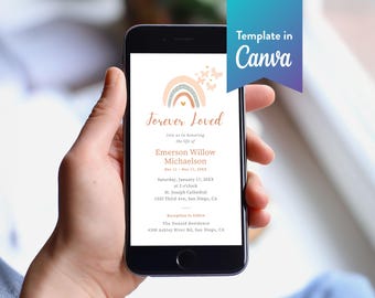 Infant or Child Celebration of Life Text Invite: Canva Template (Digital Download, 1080x1920 px) | Boho Rainbow