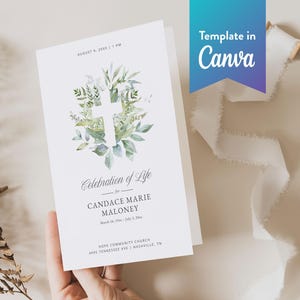 Religiöst begravningsprogram: Canva-mall (digital nedladdning, dubbelvikt, Letter, A4) | ​​Greenery Cross