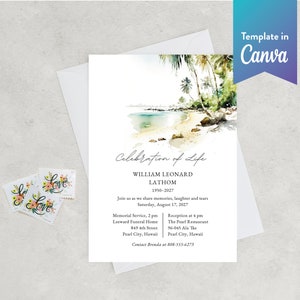 Editable Memorial Invitation | Funeral Invitation | Celebration of Life | CANVA TEMPLATE | Tropical Beach