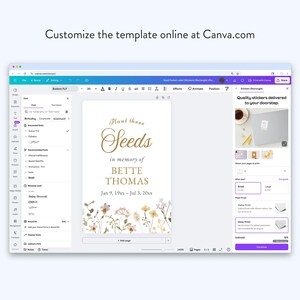 May include: A digital memorial template on a laptop screen, with the text "Plant these Seeds" in gold script. The design includes floral accents and the name "BETTE THOMAS". The Canva.com interface is visible.