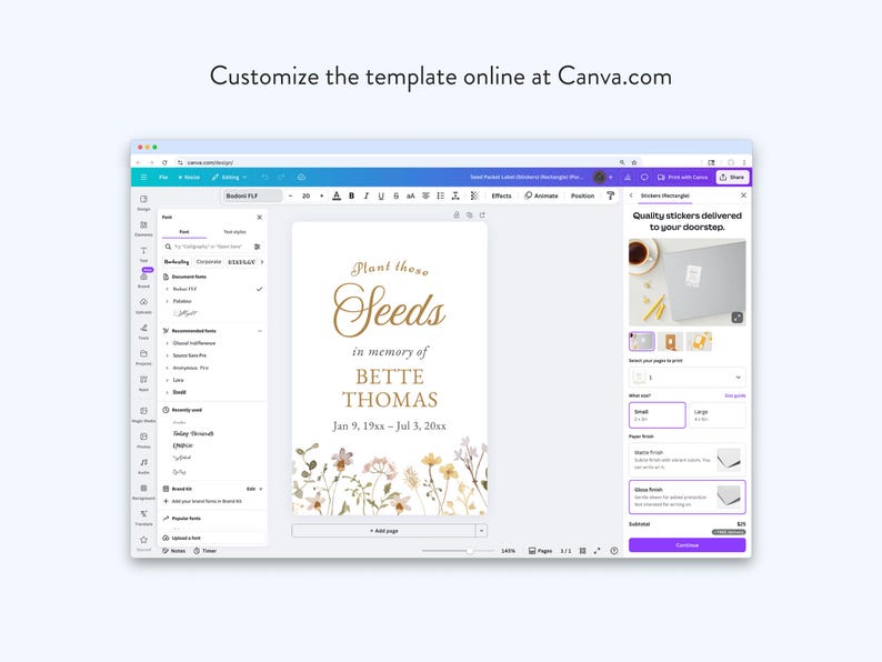 May include: A digital memorial template on a laptop screen, with the text "Plant these Seeds" in gold script. The design includes floral accents and the name "BETTE THOMAS". The Canva.com interface is visible.