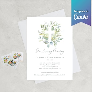 Religious Funeral Invitation: Canva Template (Digital Download, 5x7 in) | Greenery Cross