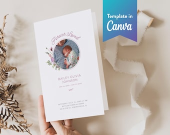 May include: A white funeral programme template featuring the text Forever Loved, a circular photo of a baby, and floral illustrations. The text includes the name Bailey Olivia Johnson, dates, and service details. A blue Canva banner is at the top.