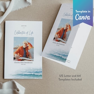Editable Memorial Program, Printable Funeral Program | Bi-fold | CANVA TEMPLATE | Ocean Waves