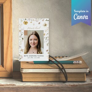 Carte de prière modifiable | Carte souvenir funéraire | Célébration de la vie | MODÈLE CANVA | Jardin de fleurs