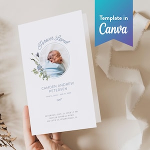 Beerdigung Programm für Säuglinge: Canva Vorlage (Digitaler Download, Bi-Fold, Letter, A4) | Blaue Wildblume
