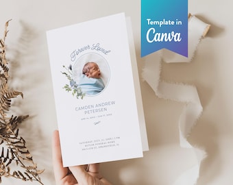Infant Loss Funeral Program: Canva Template (Digital Download, Bi-Fold, Letter, A4) | Blue Wildflower