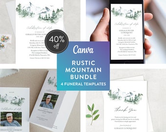 Rustic Mountain | Canva Template Bundle of 4 | Editable Memorial Templates | Funeral | Celebration of Life