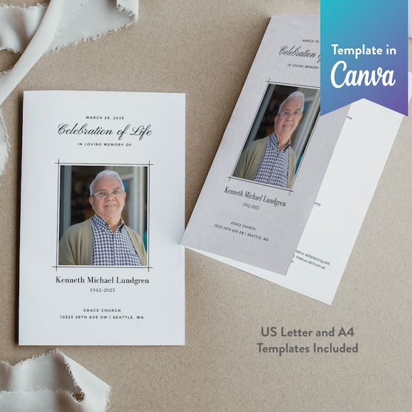 Editable Memorial Program, Printable Funeral Program | Bi-fold | CANVA TEMPLATE | Classic Elegance