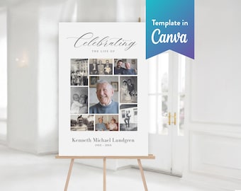 Memorial Welcome Sign: Elegant Photo Collage (Canva Template, Digital Download, 24x36) | Classic Elegance