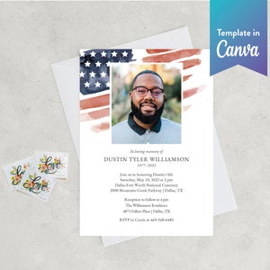 Puede incluir: Una tarjeta conmemorativa con un diseño de bandera estadounidense en acuarela. La tarjeta presenta una foto de un hombre con barba y gafas. El texto dice "En memoria cariñosa de Dustin Tyler Williamson 1977-2023".