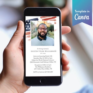 May include: A digital memorial invitation with a watercolor background featuring an American flag. The invitation is for Dustin Tyler Williamson, 1977-2023. It includes details for a memorial service at the Dallas-Fort Worth National Cemetery and a reception at the Williamson Residence.