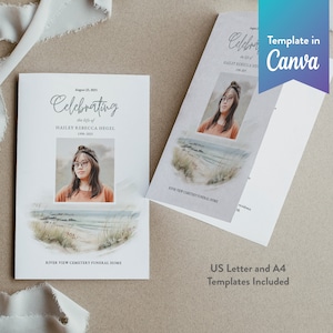 May include: A white and gray funeral program template with a watercolor beach scene and a photo of a young woman. The text "Celebrating the life of Hailey Rebecca Hegel 1998-2025" is at the top of the program. The text "River View Cemetery Funeral Home" is at the bottom of the program.