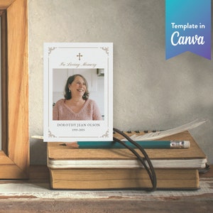 Carte de prière modifiable | Carte souvenir funéraire | Célébration de la vie | MODÈLE CANVA | Coins élégants
