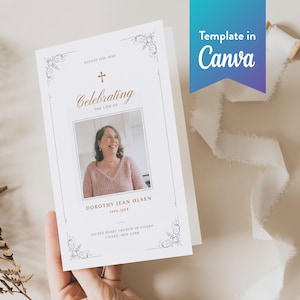 Peut inclure: Une carte commémorative blanche avec du texte doré et une photo d'une femme. La carte indique "Célébrer la vie de Dorothy Jean Olsen" et comprend les dates 1933-20XX. Les mots "Template in Canva" sont également visibles.